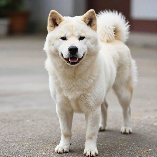 Photograph of a fluffy, cream-colored Akita dog standing on a gray concrete surface, looking forward with a slight smile and open mouth, blurred background
