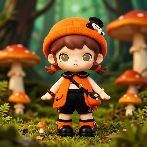 Chibi-style doll with orange beanie, mushroom forest background, bright colors, brown hair, green eyes, orange vest, black shorts, and black