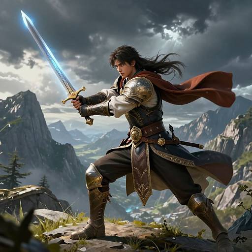 Digital fantasy artwork of a muscular, dark-haired warrior with glowing sword, red cape, and ornate armor, standing on a mountain peak against a dramatic