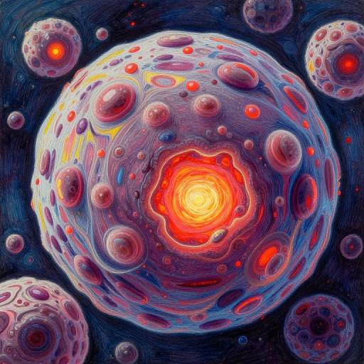 Vibrant digital artwork of a glowing red, orb-like planet with colorful, swirling patterns and numerous red and purple spots, surrounded by smaller, similarly
