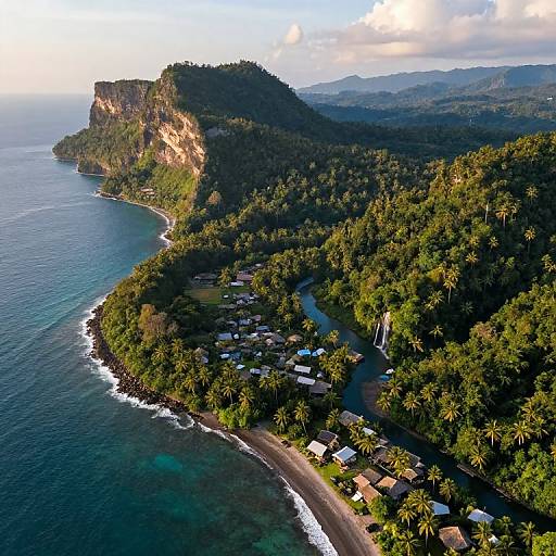 Aerial photograph of a coastal village with dense greenery, palm trees, houses, and a curving shoreline next to a rugged cliff.