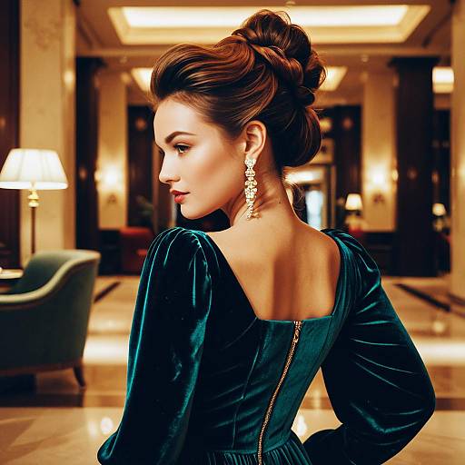 Elegant Woman with Romantic Updo in Velvet Gown