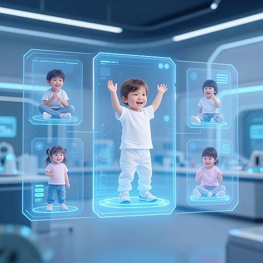 Digital illustration of a smiling toddler in white clothes, floating in a blue, holographic interface surrounded by four smaller holograms of himself.