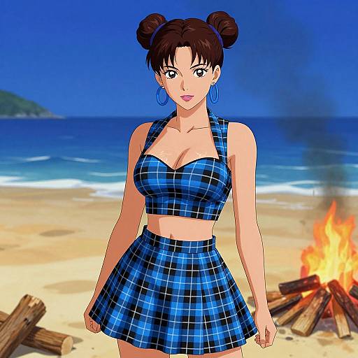 Digital anime-style drawing of a woman with brown hair in double buns, wearing a blue plaid crop top and skirt, standing on a beach with