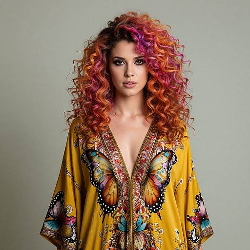 Photograph of a fair-skinned woman with vibrant, curly red-orange hair, wearing a yellow robe adorned with colorful butterfly patterns, set against a plain