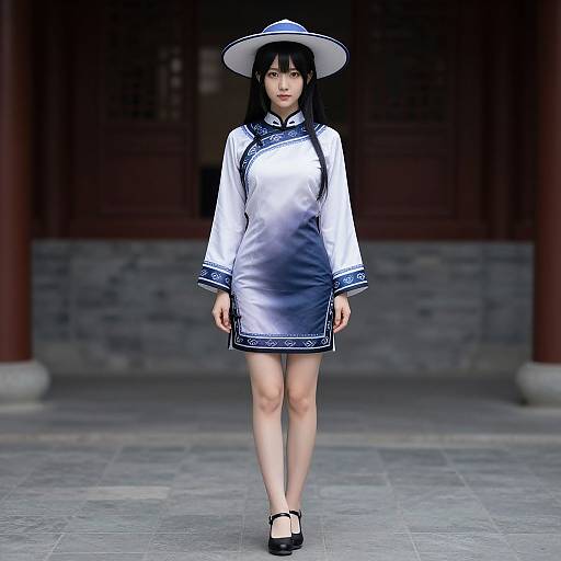 Digital art of an Asian woman with long black hair, wearing a white and blue traditional dress with sailor collar, wide-brimmed hat, and black