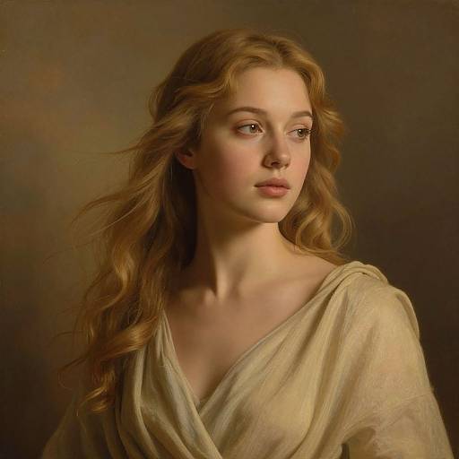 Digital painting of a serene young woman with wavy, light brown hair, fair skin, and soft, brown eyes, wearing a beige, V-neck