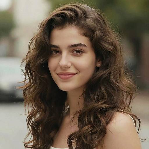Smiling Woman with Flowing Brown Hair