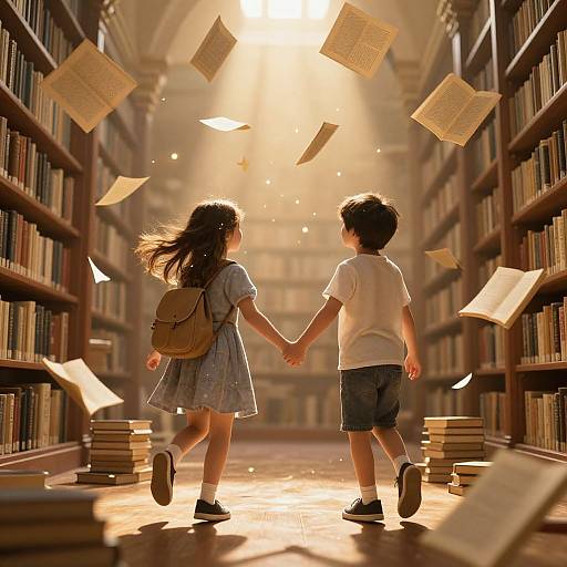Children Embracing Magic in Library
