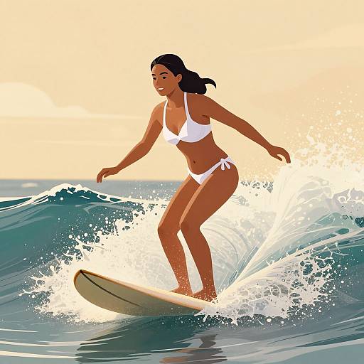 Digital illustration of a tan-skinned woman with black hair in a white bikini, surfing a wave with splashing water at sunset.
