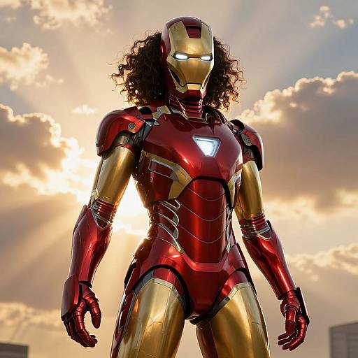 Photorealistic CGI of a curly-haired person in a red and gold Iron Man suit, glowing white eyes, standing against a dramatic sunset sky.