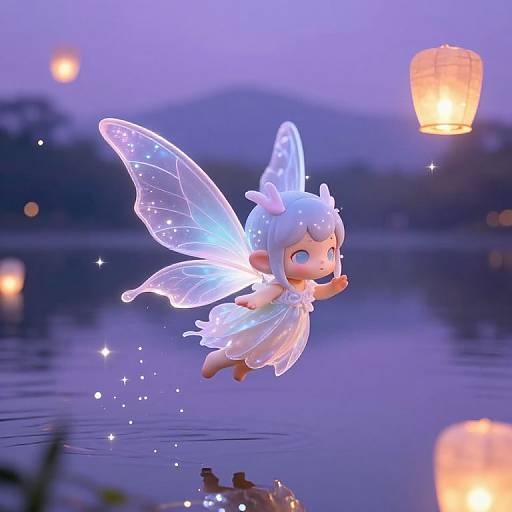 Photograph of a glowing, translucent fairy with white wings and dress, flying over a calm lake at twilight, illuminated by floating paper lanterns.