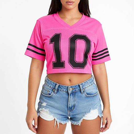Photograph of a woman with tan skin, black hair, wearing a bright pink crop top with black stripes and number 
