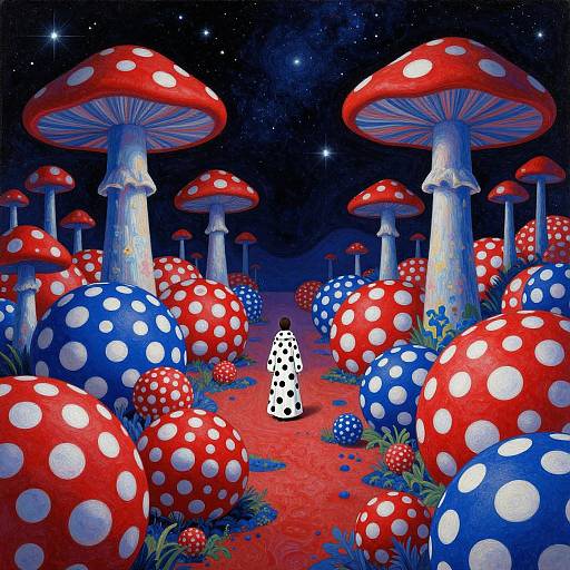 Fantastical night scene with oversized red and blue polka-dotted mushrooms, a white-spotted black toadstool, and a starry