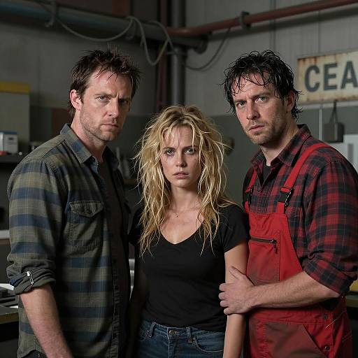 Three People in Industrial Workshop