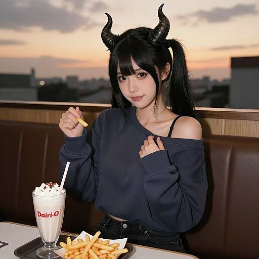 Digital art of an anime-style woman with black horns, long black hair, and off-shoulder navy sweater, eating fries in a restaurant at sunset