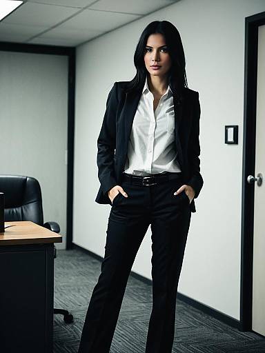 Photograph of a confident woman with long black hair, wearing a black blazer, white shirt, and black pants, standing in a modern office with