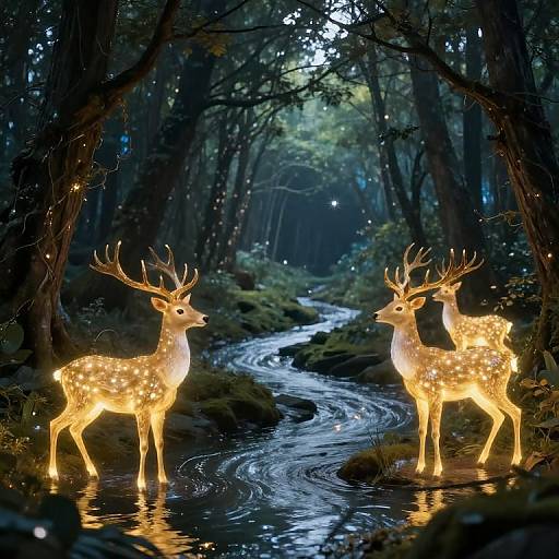 Photograph of illuminated, glowing deer sculptures with antlers standing in a forest stream, surrounded by dark trees, sparkling lights, and a winding, reflective