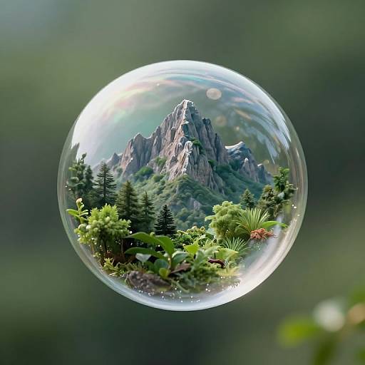 Photograph of a transparent bubble containing a detailed miniature landscape with green foliage, pine trees, and a towering mountain peak.