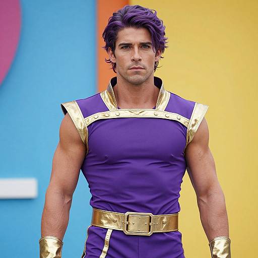 Photograph of a muscular man with purple hair, wearing a purple and gold sleeveless outfit with a gold belt, standing against a colorful blue and yellow