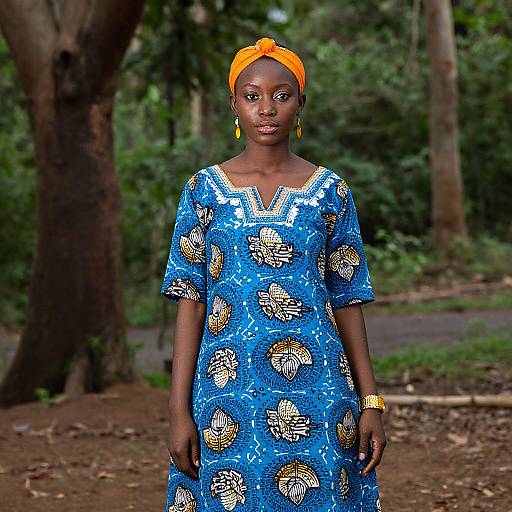 Photograph of a dark-skinned woman wearing an orange headscarf, blue dress with white and gold floral patterns, standing in a forested area