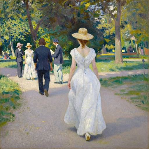Impressionist painting of a woman in a white dress and straw hat walking away on a park path, surrounded by people in formal attire.