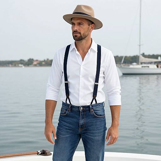 Photograph of a handsome, bearded man with light skin wearing a beige hat, white shirt, black suspenders, and blue jeans, standing on