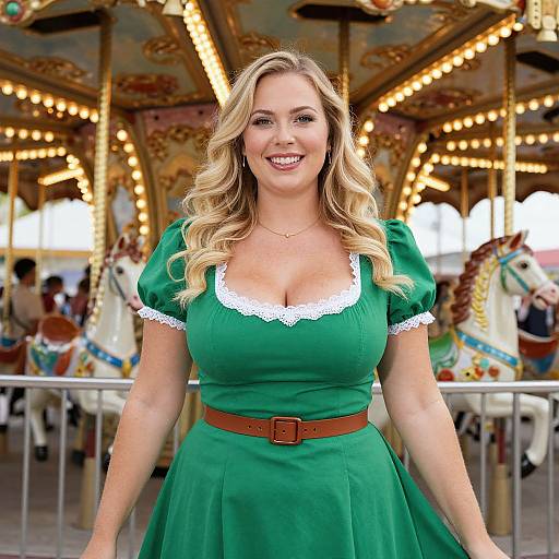 Blonde woman with wavy hair, green dress with white trim, brown belt, smiling, standing in front of a brightly lit carousel. Photoreal