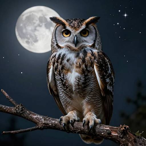 Photograph-style digital artwork of a detailed, realistic owl with yellow eyes perched on a branch, under a glowing full moon.