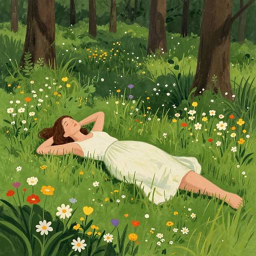 Digital illustration of a woman with brown hair, wearing a white dress, lying in a lush forest meadow with colorful flowers, trees in the background,