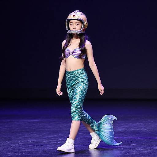 Photograph of an Asian woman modeling as a mermaid in a purple bikini top, green scaly skirt, white sneakers, and a motorcycle helmet,