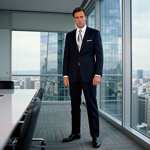 Photograph of a serious, handsome Caucasian man in a black pinstripe suit, white shirt, and tie, standing in a modern, glass-w