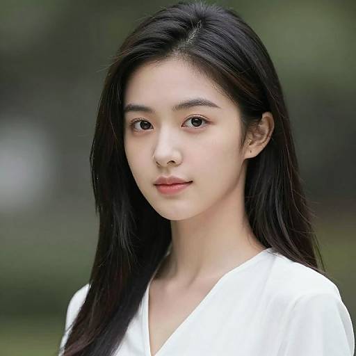 Photograph of an Asian woman with long black hair, fair skin, and brown eyes, wearing a white V-neck shirt, with a blurred green background