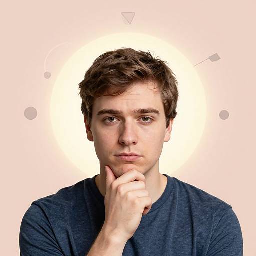 Photograph of a young white man with short brown hair, wearing a navy blue shirt, touching his chin thoughtfully against a white background with geometric shapes