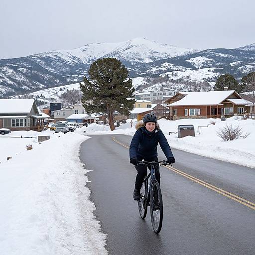 Photograph of a cyclist in winter gear riding on a snow-covered road, with snow-covered houses and mountains in the background.