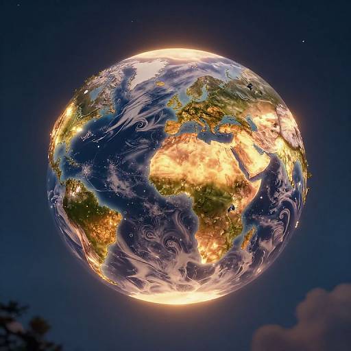 Photorealistic CGI of Earth at night, brightly illuminated, with glowing continents, swirling clouds, and a dark, starry sky background.