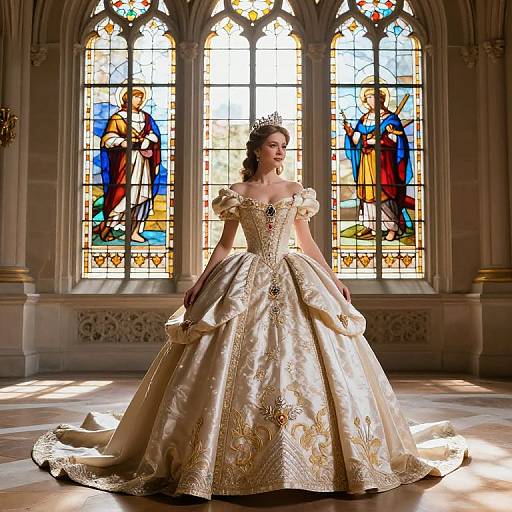 Photograph of a regal woman in an elaborate, golden-embroidered ball gown, standing before vibrant stained glass windows in a grand cathedral,