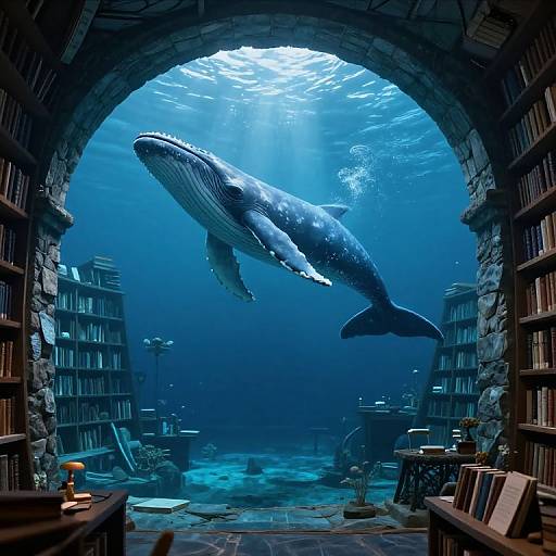 Photograph of a massive blue whale swimming through a sunlit, underwater archway of a stone library with bookshelves.