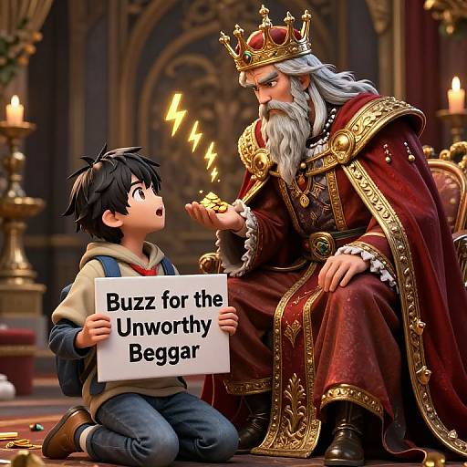 Digital art: Young boy with spiky black hair kneels before bearded, crowned king in ornate red robe, holding sign 