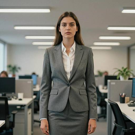 Professional Woman in Grey Suit at Office