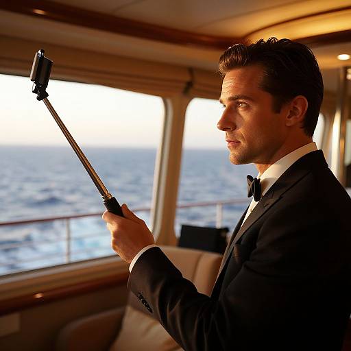 Photograph of a handsome man in a black tuxedo filming with a camera stabilizer from a yacht's cabin at sunset.