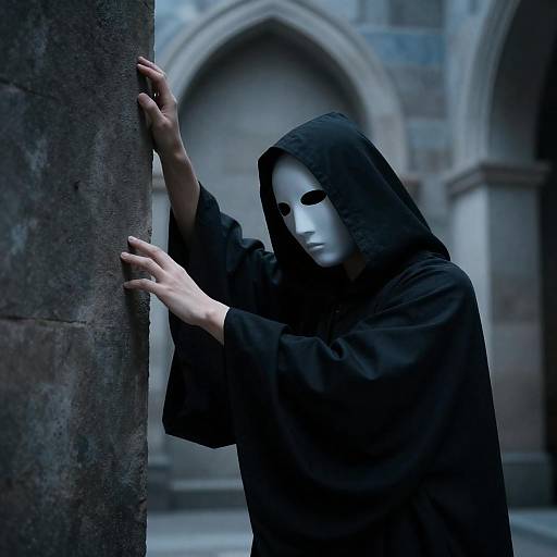 Hooded Figure Gripping Dark Stone Wall