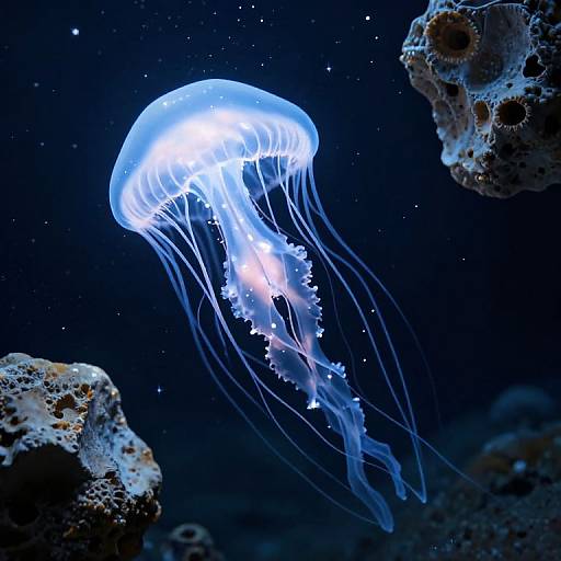Photograph of a glowing blue jellyfish with translucent, flowing tentacles, surrounded by dark, rocky underwater terrain with star-like sparkles.
