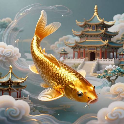 Digital artwork of a vibrant, golden koi fish swimming amidst swirling clouds, with ornate Chinese pagodas in the background.
