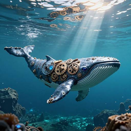 Photograph of a futuristic, cybernetic blue whale with intricate brass gears and glowing blue eyes, swimming in a sunlit underwater ocean.