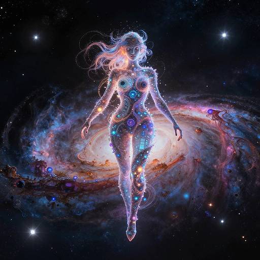 Digital artwork of a glowing, ethereal, female figure with neon blue and pink accents floating in front of a vibrant, swirling galaxy.