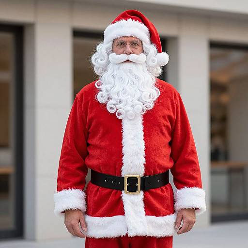 Photograph of a realistic Santa Claus with a full white beard, red velvet suit with white fur trim, black belt, and hat, standing outdoors in