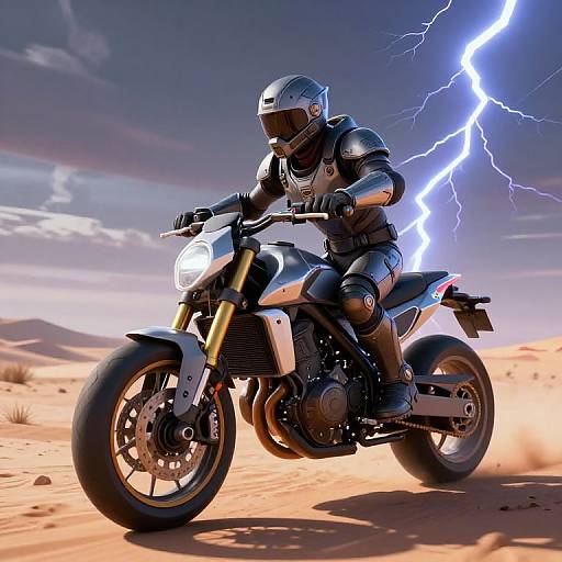 Digital artwork of a armored motorcyclist in a desert, riding a black motorcycle with lightning striking the sky, wearing a reflective helmet.