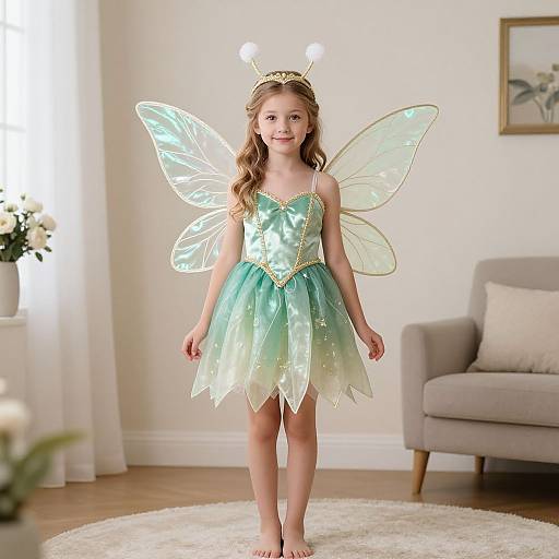 Photograph of a smiling young girl in a green fairy costume with translucent wings and antennae headband, standing in a bright, cozy living room.