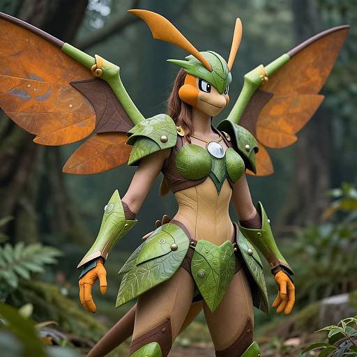 CGI fantasy image of an anthropomorphic insect warrior with green armor, orange wings, and orange accents, standing in a lush forest.